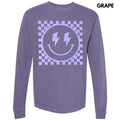 Lavender Checkered Happy Face Puff Long Sleeve Comfort Colors T-Shirt Hoodie, Sweatshirt | PureTeeCo.com