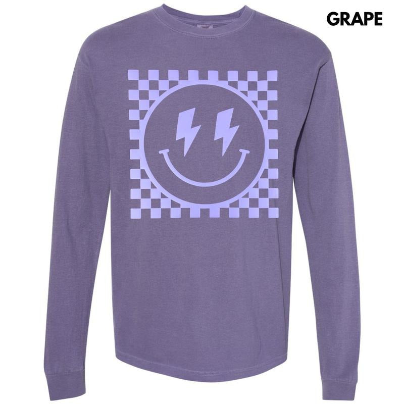 Lavender Checkered Happy Face Puff Long Sleeve Comfort Colors T-Shirt Hoodie, Sweatshirt | PureTeeCo.com