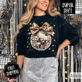 Leopard Disco Bow Sweatshirt, New Year's 2025 Crewneck, NYE Women's Sweater T-Shirts, Hoodie | PureTeeCo.com