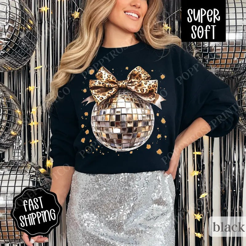 Leopard Disco Bow Sweatshirt, New Year's 2025 Crewneck, NYE Women's Sweater T-Shirts, Hoodie | PureTeeCo.com