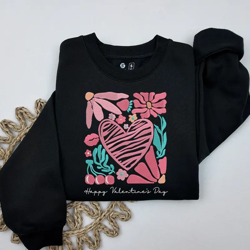 Leopard Pink Heart Embroidered Sweatshirt, Boho Floral Embroidered Sweatshirt, Gift for Her, Valentines Day Gift