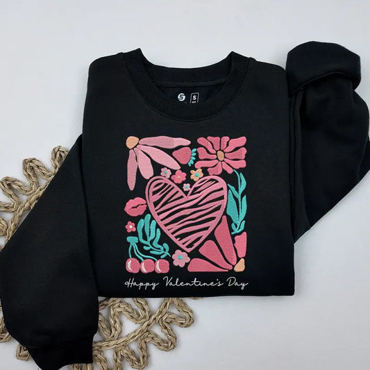 Leopard Pink Heart Embroidered Sweatshirt, Boho Floral Embroidered Sweatshirt, Gift for Her, Valentines Day Gift