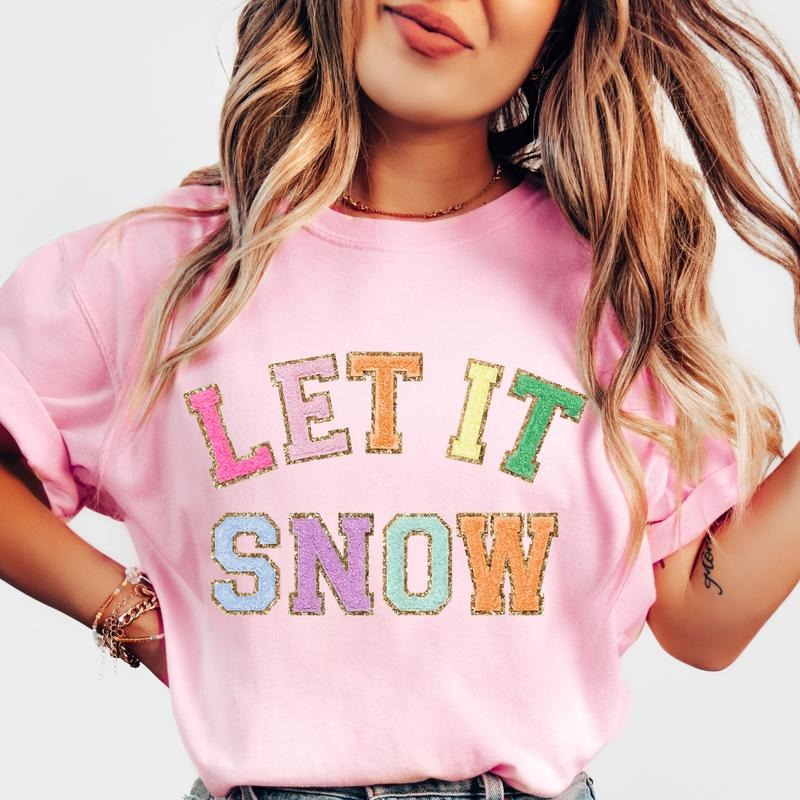 Let it Snow Faux Sparkling christmas shirt Women's Oversized Christmas Shirt - Festive Printed Design