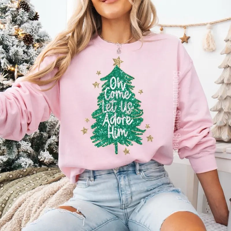 Let us adore him Sweatshirt | Faith Christmas Sweatshirt T-Shirts, Hoodie | PureTeeCo.com