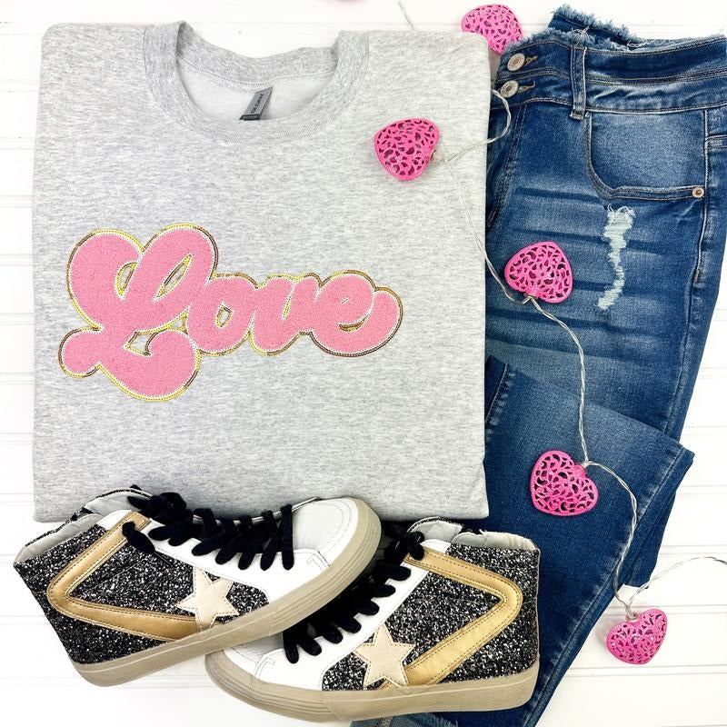 Light Pink Chenille Love Patch Sweatshirt -- ASH GREY T-Shirts, Hoodie | PureTeeCo.com