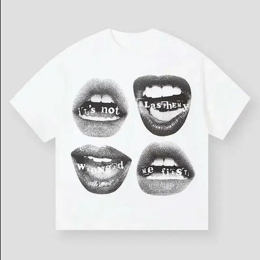 Lip and Text Printed T-shirt, Fashion Graphic Statement Tee
