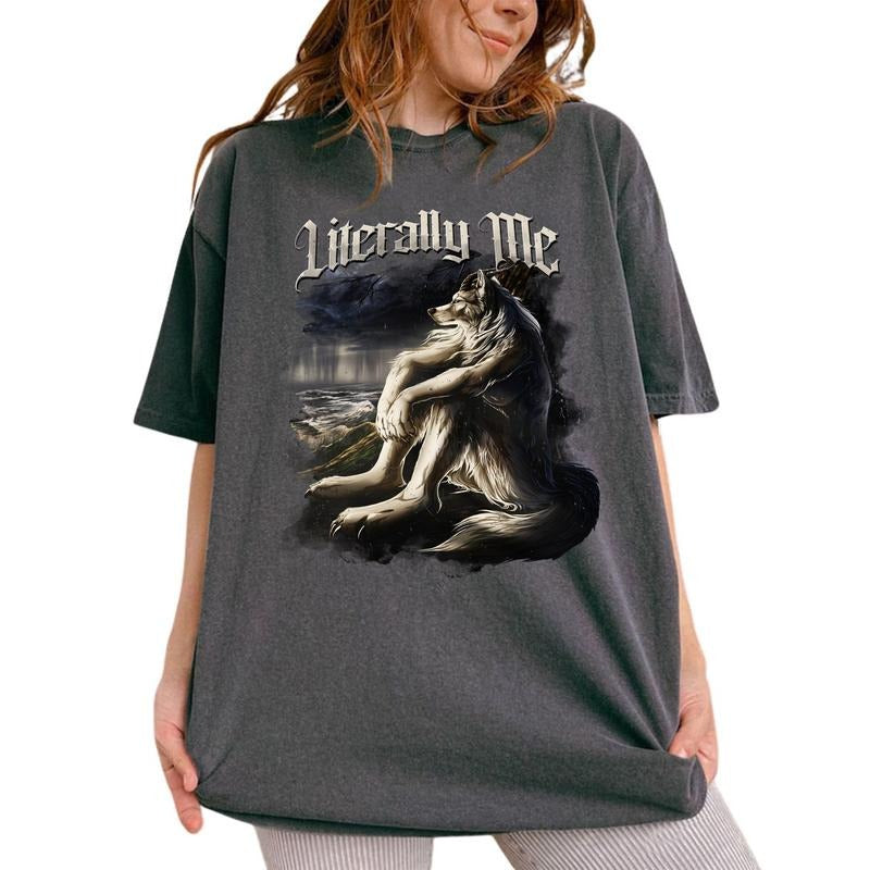 Literally Me Vintage Tee, Sitting Wolf Vintage Graphic Tee Women, Meme Unhinged Shirts, Emo Sigma Silly Animal Mental...