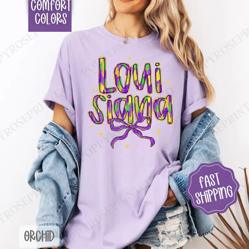 Louisiana Bow Comfort Colors, Coquette Mardi Gras Bow Women's Tee, Holiday Women's Tshirt Hoodie, Sweatshirt | PureTeeCo.com
