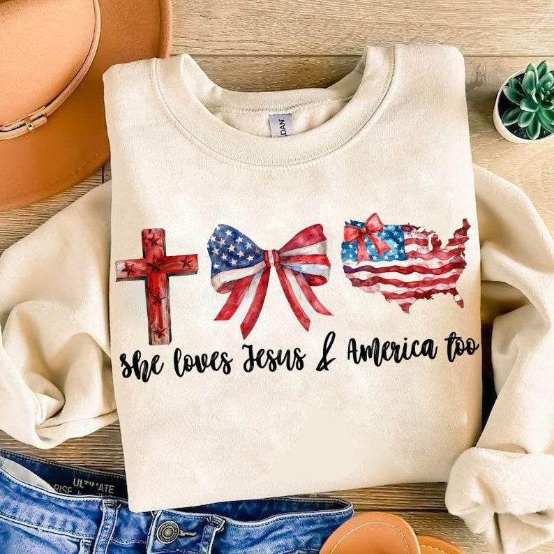 Loves Jesus and America Too, Coquette American Flag, Independence Day, Christian Cross, Freedom, Red White Blue  T-shirt,...