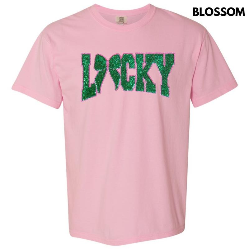 Lucky Bow Sequin Patch Comfort Colors T-Shirt Hoodie, Sweatshirt | PureTeeCo.com