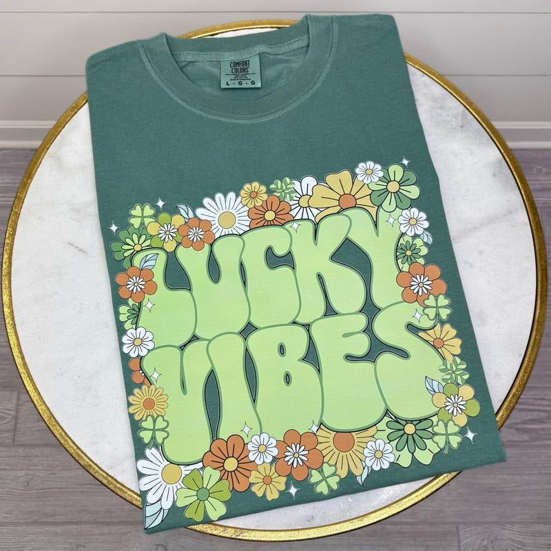 Lucky Vibes Floral Comfort Colors T-Shirt Hoodie, Sweatshirt | PureTeeCo.com