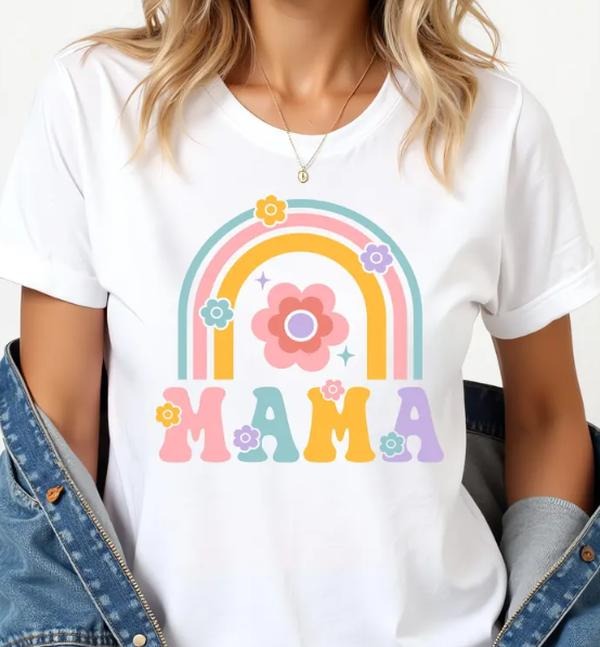 MAMA Mothers Day T-Shirt Boho Rainbow Flowers Mom Gift Tee,Mommy Mini Tee,Momma Outfit Hoodie, Sweatshirt | PureTeeCo.com