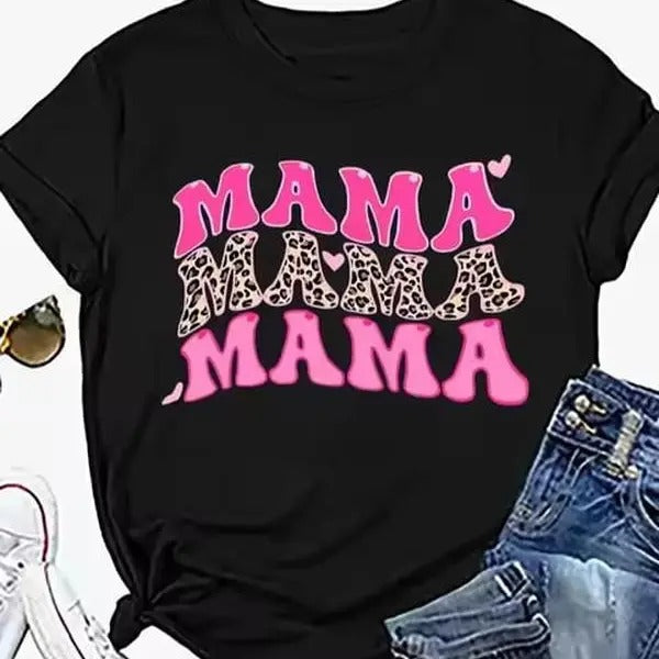 MAMA Pink Letter Leopard Print Vintage Graphic T-shirt Fun Cute Love Mom Retro Women's T-shirt Fashion Casual Summer Top...