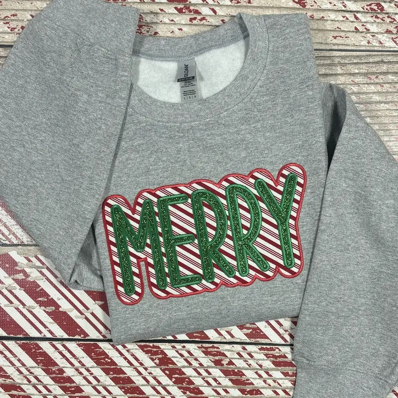 MERRY Candy Cane Glitter Christmas Embroidered Crewneck Sweatshirt T-Shirts, Hoodie | PureTeeCo.com