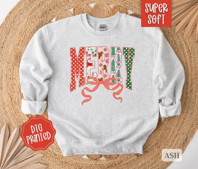 MERRY Sweatshirt, Trendy Women's Christmas Crewneck T-Shirts, Hoodie | PureTeeCo.com