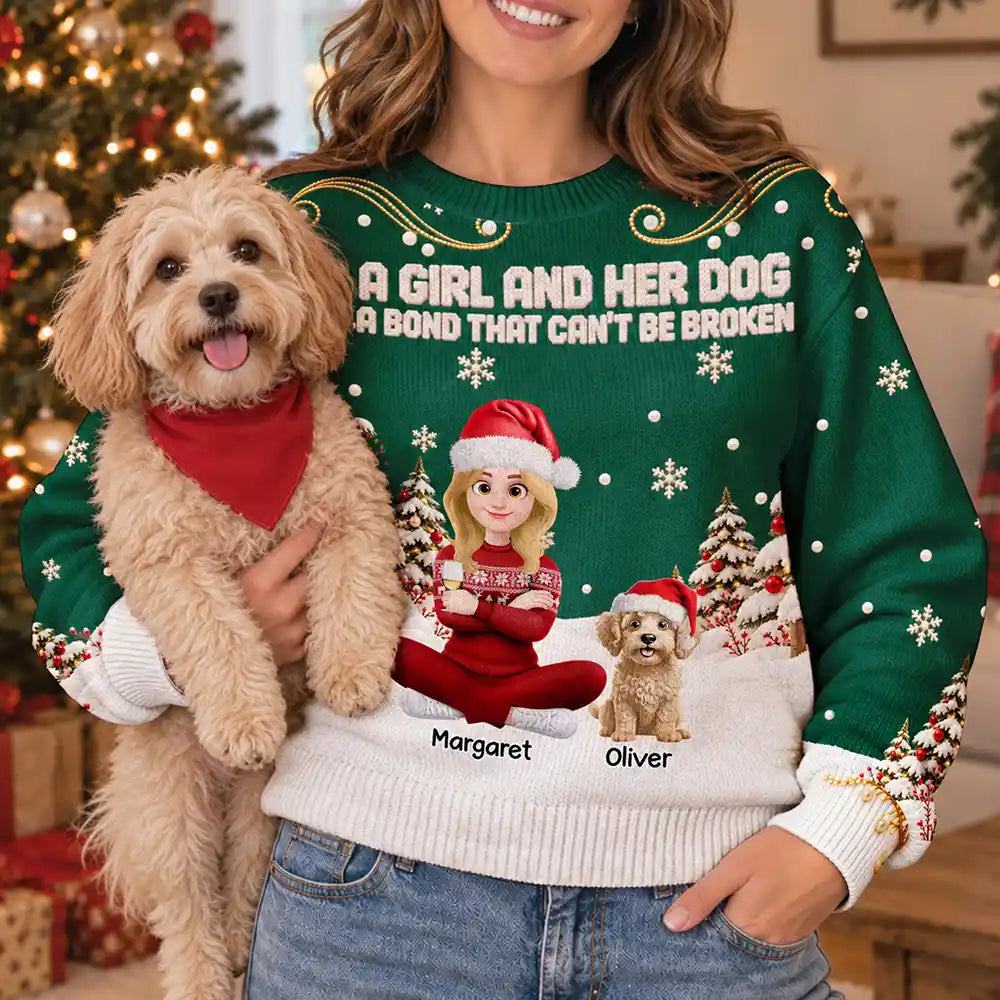 Christmas Gift For Dog Lovers - Personalized Cartoon A Girl And Her Dog Unisex Ugly Sweater