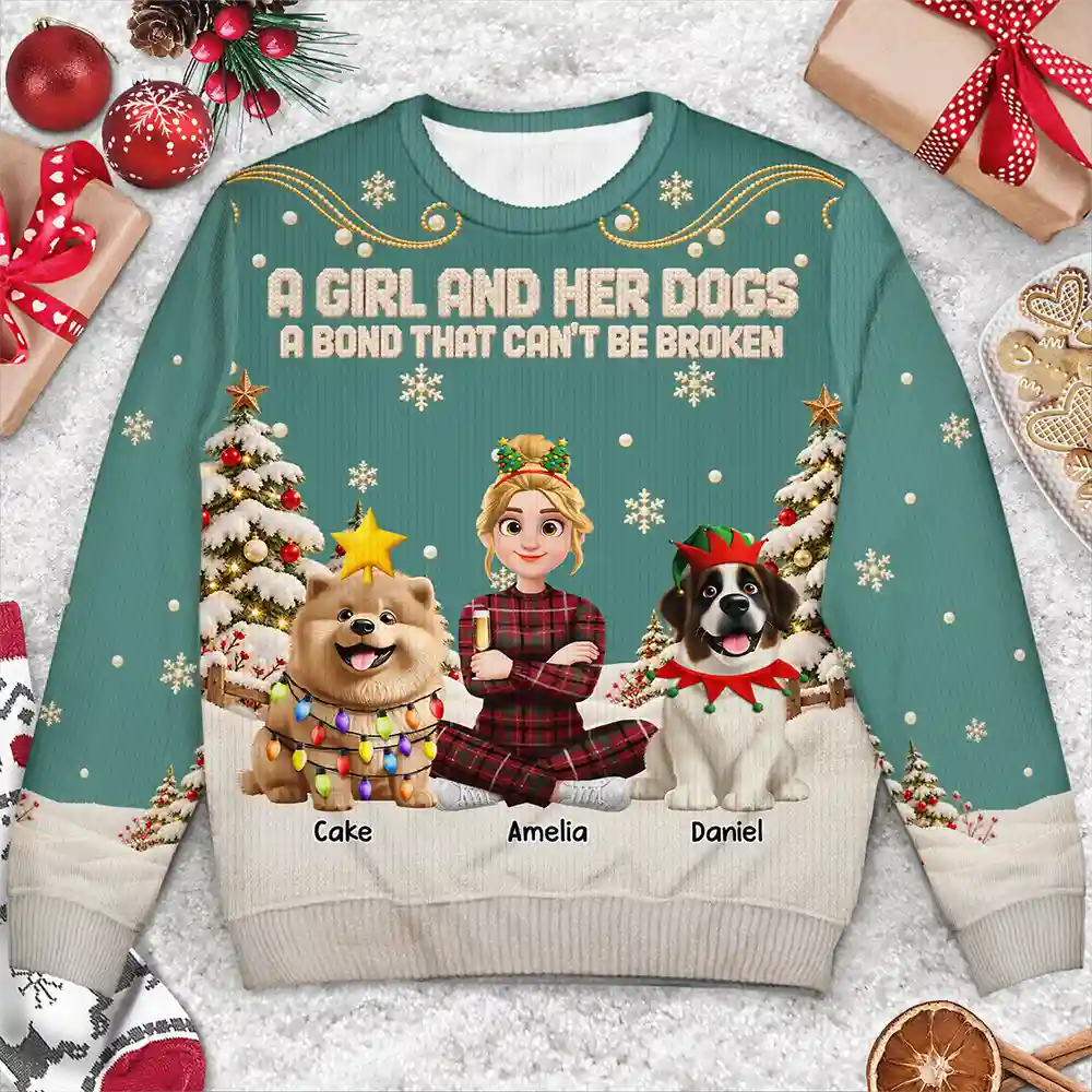 Christmas Gift For Dog Lovers - Personalized Cartoon A Girl And Her Dog Unisex Ugly Sweater