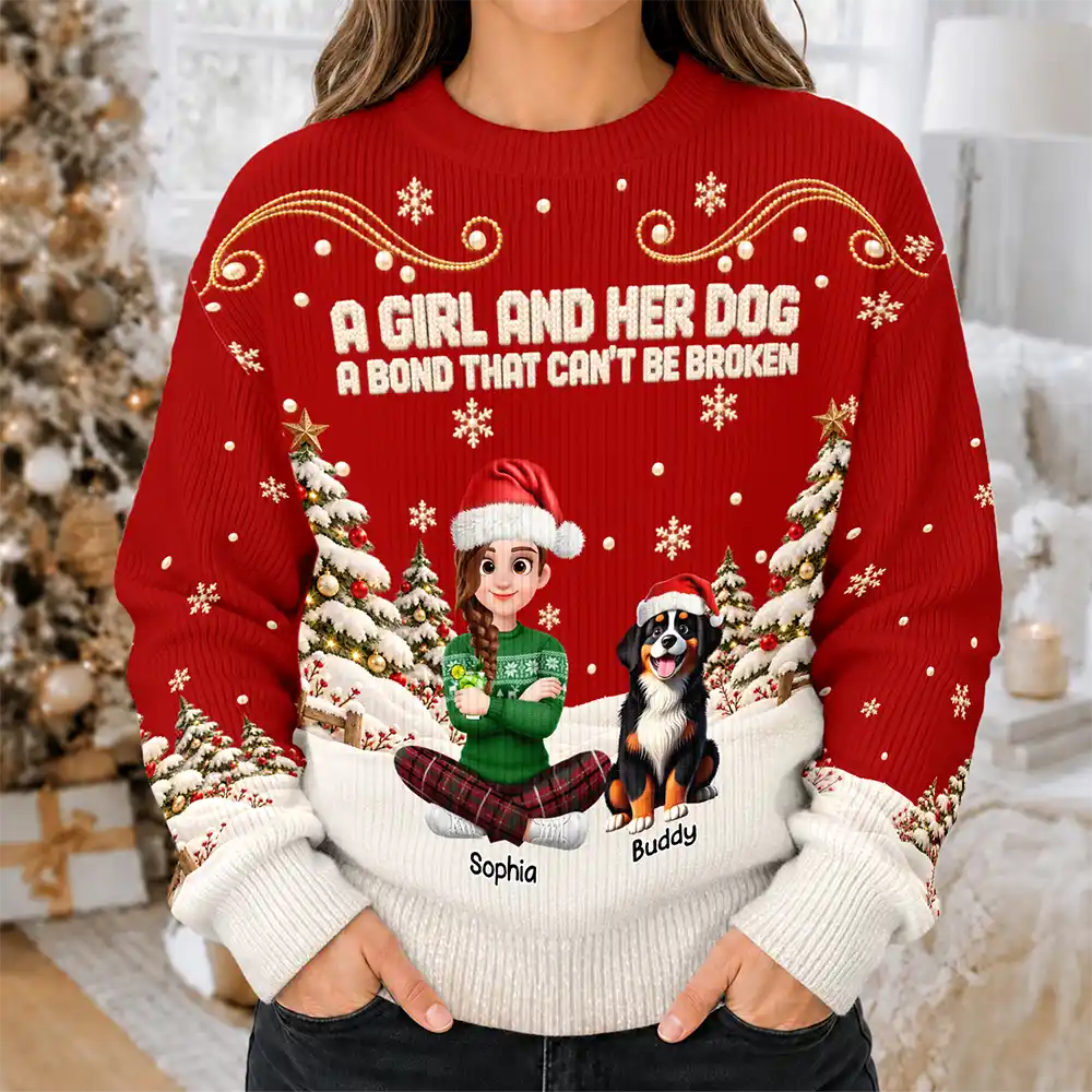 Christmas Gift For Dog Lovers - Personalized Cartoon A Girl And Her Dog Unisex Ugly Sweater