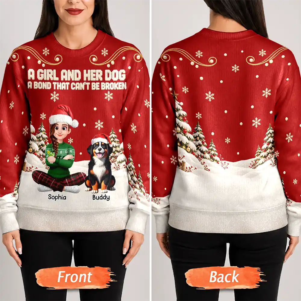 Christmas Gift For Dog Lovers - Personalized Cartoon A Girl And Her Dog Unisex Ugly Sweater