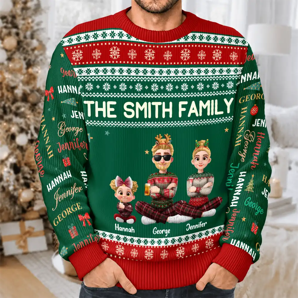 Matching Christmas Gift For Family - Personalized Member Names Holiday Unisex Ugly Sweater