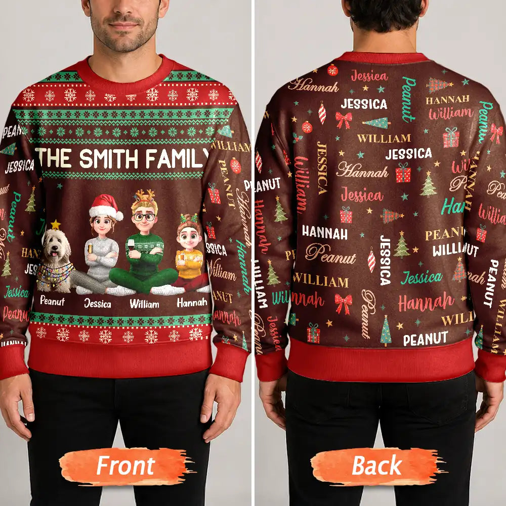 Matching Christmas Gift For Family - Personalized Member Names Holiday Unisex Ugly Sweater
