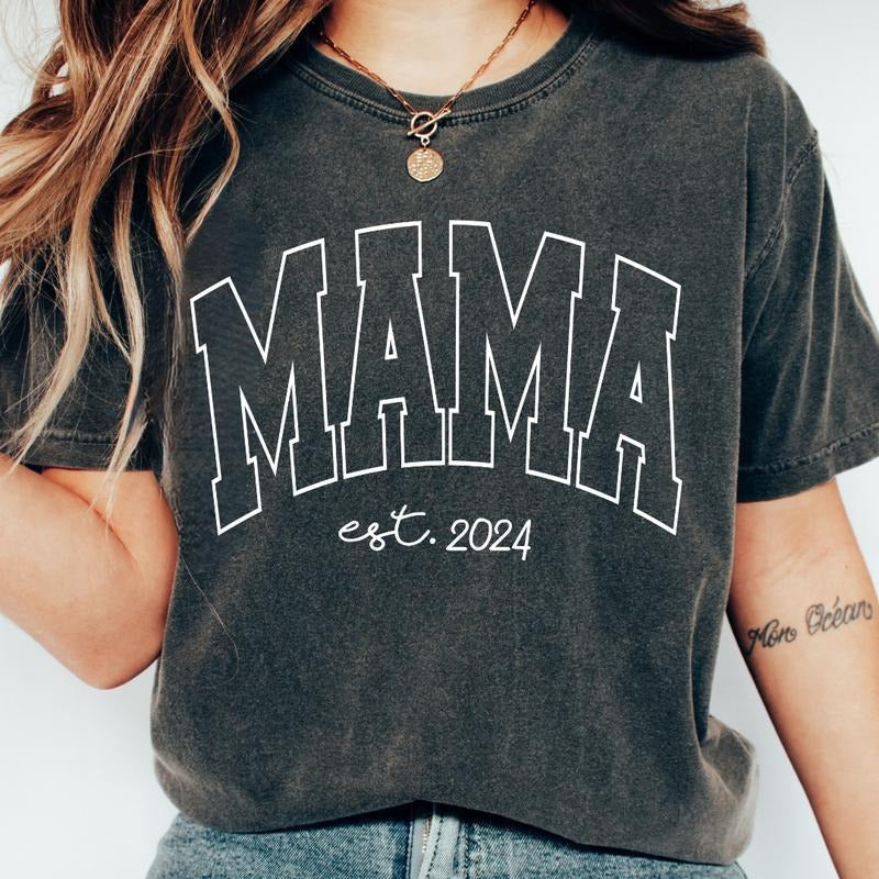 MOTHER'S DAY SHIRT, MAMA VARSITY EST SHIRT, RETRO MAMA SHIRT, COMFORT COLORS CASUAL COTTON T-SHIRT FOR MOMS Fabric Top...