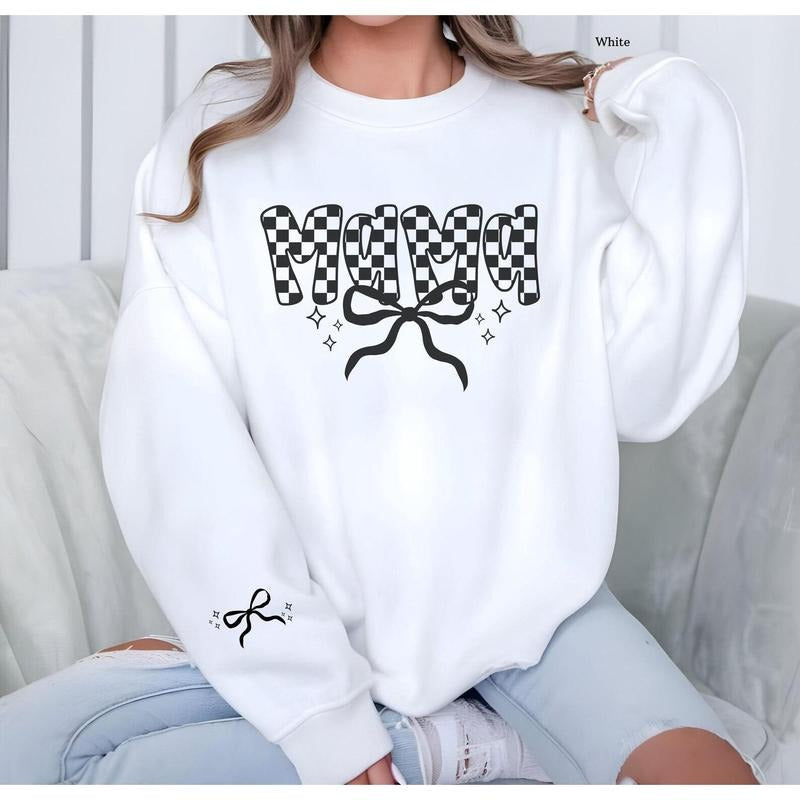 Mama Checkered Sweatshirt Black Bow Coquette Mama Crewneck Sleeve Print Mothers Day Gift Top Cute Cozy Mama Outfit Trendy...