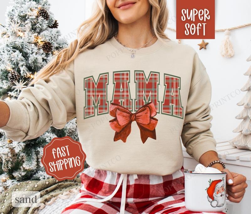 Mama Christmas Sweatshirt, Merry Christmas Sweater for Mom, Women's Holiday Crewneck T-Shirts, Hoodie | PureTeeCo.com