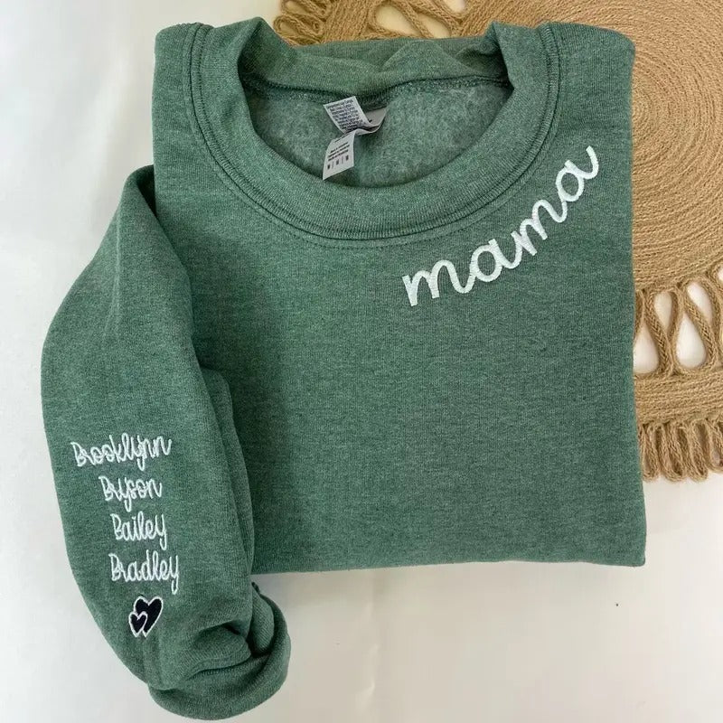 Mama Custom Embroidered Sweatshirt, Mom Custom Name On Sleeve With Heart Hoodie, Grandpa Shirt With Date, Mom Est Year...
