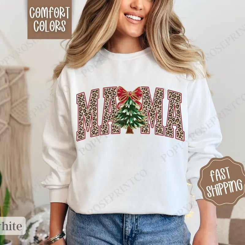 Mama Leopard Christmas Sweatshirt Comfort Colors, Mom Christmas Crewneck,  Womens Holiday Sweater T-Shirts, Hoodie