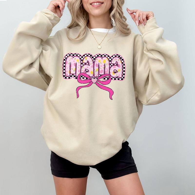 Mama Shirt with Pink Coquette Bow, Floral Checkerboard Tee, Cute Mother's Day Sweatshirt for Women, Girly Mom Outfit Hoodie