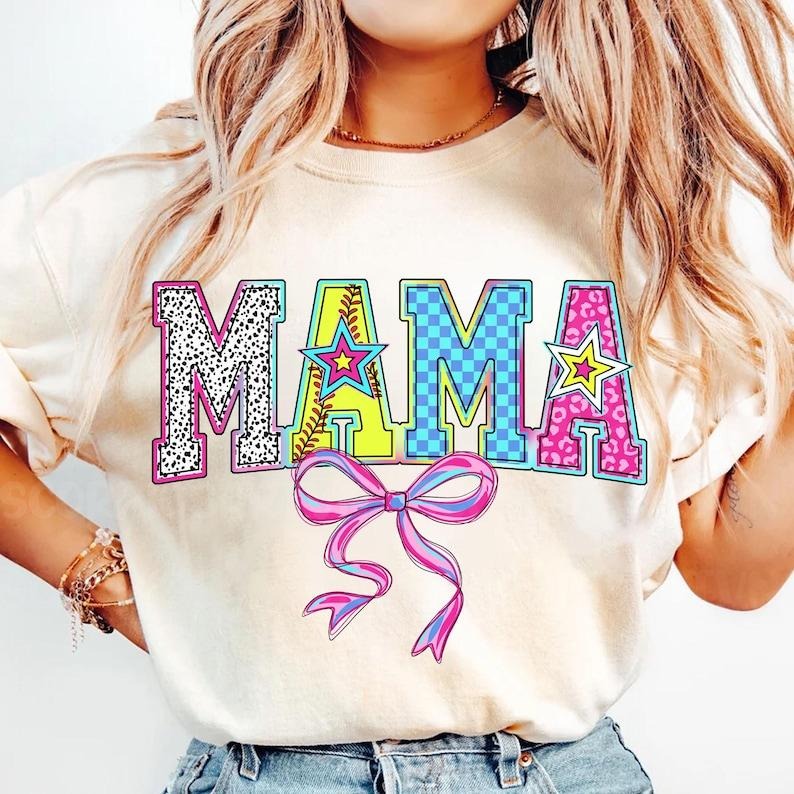 Mama Varsity Baseball Coquette Bow Brushstroke Game Day T-Shirt Hoodie, Sweatshirt | PureTeeCo.com