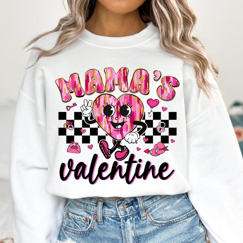 Mamas Valentine Sweat, Retro Checkered Valentine Heart Sweat, Girls Valentine Sweat, Brushstroke, Glitter, Pink Valentine...