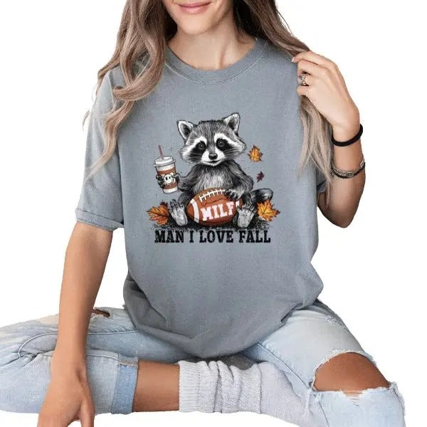 Man I Love Fall Short Sleeve Cewneck T-Shirt for Women, Trendy Fall Everyday Womenswear Style, Casual Autumn Football T...