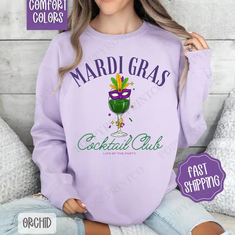 Mardi Gras Cocktail Club Comfort Colors Sweatshirt, Louisiana Parade Women's Crewneck, Holiday Women's Sweater T-Shirts,...