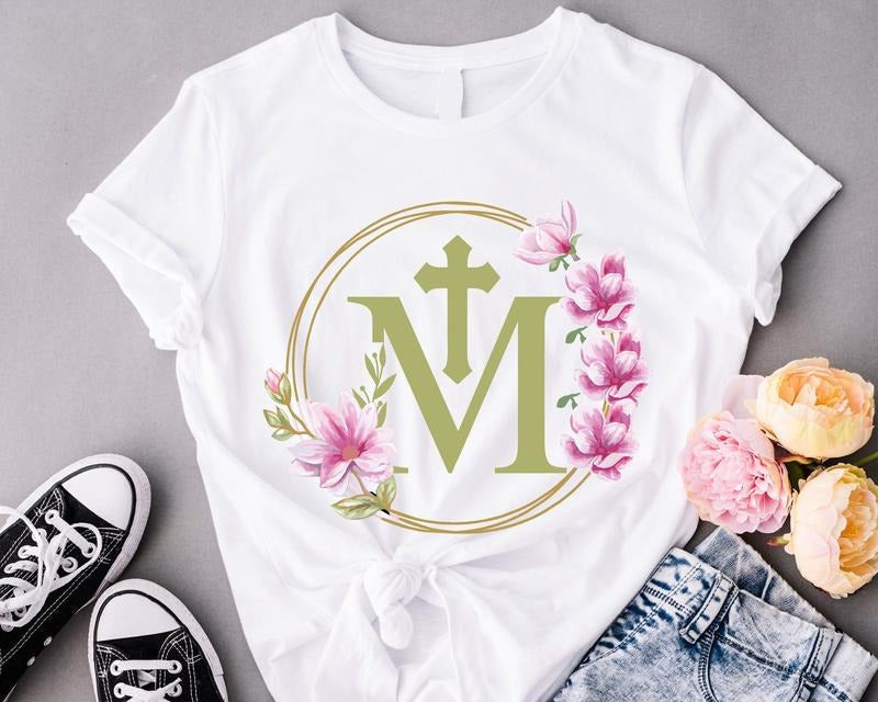 Marian Catholic Shirt, Floral Religious T-Shirt,  M & Faith Cross Tee, Christian Gift Shirt For Woman, Catholic Shirt,...