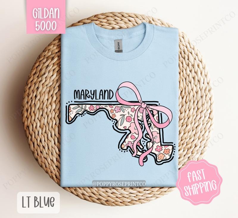 Maryland Gildan T-shirt, Cute Maryland State Shirt, Maryland Floral Bow Tee Hoodie, Sweatshirt | PureTeeCo.com