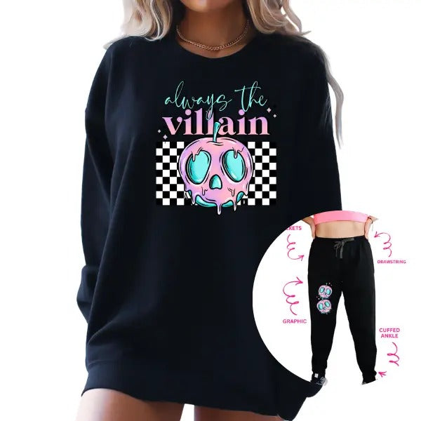Always the Vill$in Sweatshirt Outfit w/ Matching Sweatpants,  Checkered Grpahic & 90s Nostalgia | Grunge Alt Retro Vibes Crewneck Casual Skull Cotton