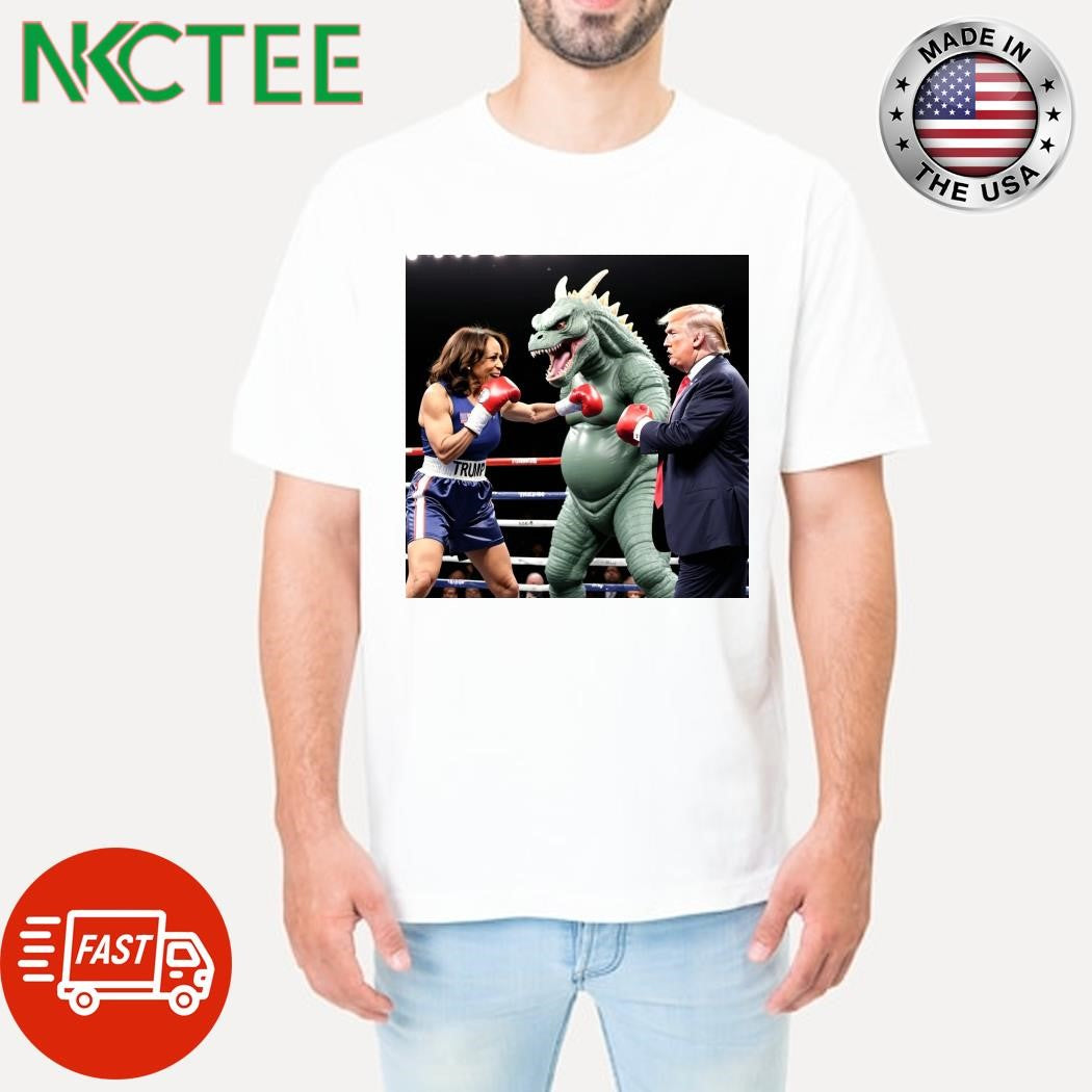 Kamala harris and donald trump in a boxing match Godzilla shirt