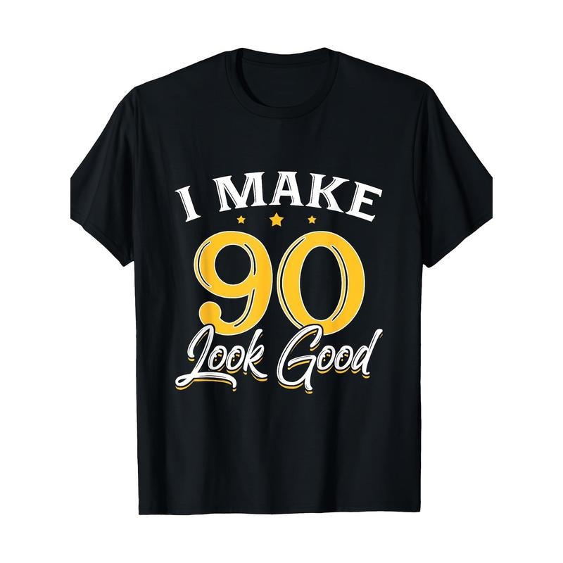 Men'S 90th Birthday T-Shirt, 100% Cotton, Regular Fit, Short Sleeve, Crew Neck, Casual Geometric Pattern Tee, Digital...