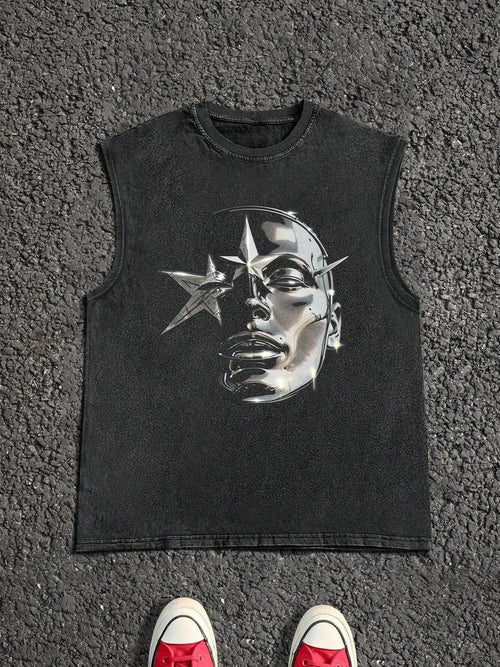 Men's 100% Cotton Street  Style Graphic  Print Round Neck Tank Top, Regular Fit Vintage Trendy Casual Comfy  Sleeveless...