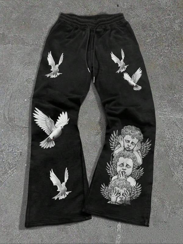 Men's Angel & White Dove Print Drawstring Waist Sweatpants, Regular Fit Street Fashion  Casual Comfy Pocket Straight Leg ...