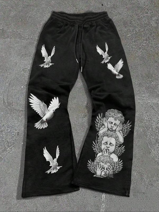 Men's Angel & White Dove Print Drawstring Waist Sweatpants, Regular Fit Street Fashion  Casual Comfy Pocket Straight Leg  Trousers for Spring & Fall, Men's Trousers for Daily Wear