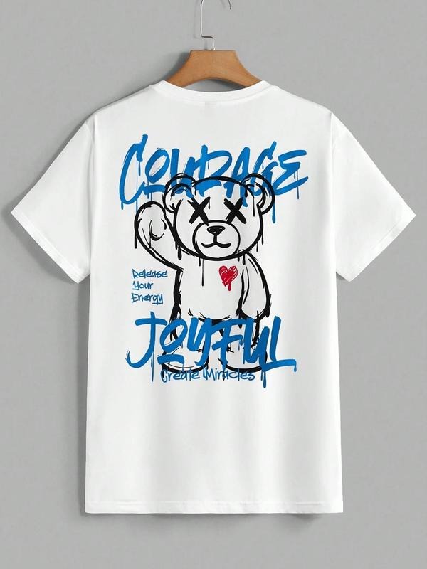 Men's Cartoon Bear Print Round Neck Tee, Regular Fit Casual Short Sleeve T-shirt, Men's Summer Top for Daily Wear,...