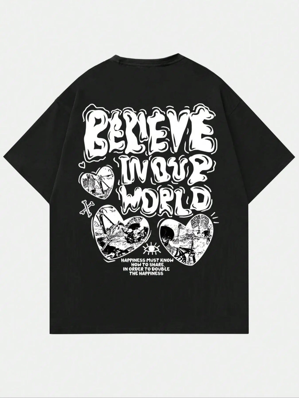 Men's Cartoon Heart & Letter Print Round Neck Tee, Regular Fit Street Fashion Graphic Drop Shoulder Short Sleeve T-Shirt...