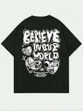 Men's Cartoon Heart & Letter Print Round Neck Tee, Regular Fit Street Fashion Graphic Drop Shoulder Short Sleeve T-Shirt...