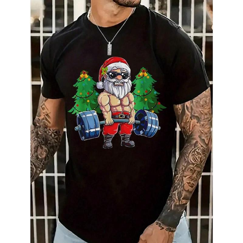 Men's Casual Christmas Themed Print - Santa Claus With Sunglasses, Christmas Tree Short Sleeve T-Shirt Made in USA...