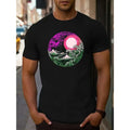 Men's Casual Crew Neck T-Shirt with Graphic Wave and Sun Print