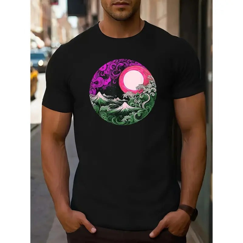 Men's Casual Crew Neck T-Shirt with Graphic Wave and Sun Print