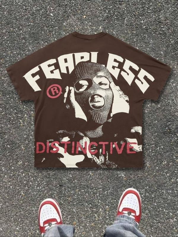 Men's Fearless Letter Print Round Neck Graphic Tee, Vintage Trendy Casual Short Sleeve T-shirt for Daily Wear, Men's...